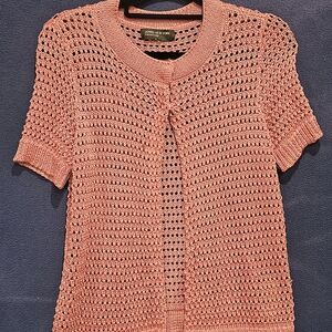 Trendy Jones New York Pink Crochet Cardigan, Short Sleeve, Open Knit, No Size